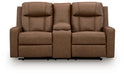 Ashley Furniture Mackmenville reclining loveseat with console, shown in a head-on view with plush fabric and built-in cup holders.