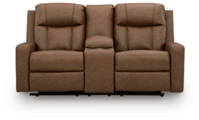 Ashley Furniture Mackmenville reclining loveseat with console, shown in a head-on view with plush fabric and built-in cup holders.
