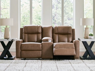 Ashley Furniture Mackmenville reclining loveseat with console, showing open position and plush fabric upholstery.