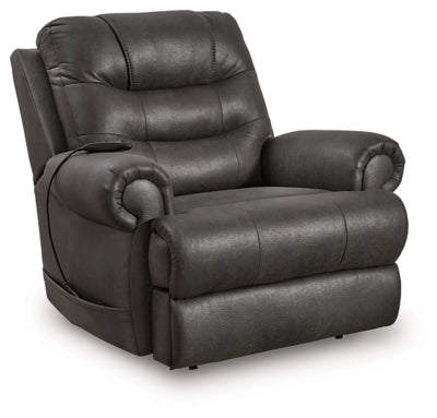 Ashley Furniture power lift recliner in a closed position, featuring plush upholstery and a sturdy frame for comfortable support.