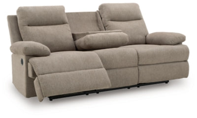Ashley Furniture side-swipe reclining sofa with drop-down table, featuring plush cushions and modern design, shown from an angled view.