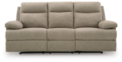 Ashley Furniture side-swipe reclining sofa with a drop-down table, shown in a front head-on view with closed side panels.