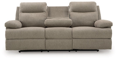 Ashley Furniture side-swipe reclining sofa with drop-down table, shown with open side, plush cushions, and modern design.