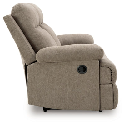 Ashley Furniture Side-Swipe Reclining Sofa with drop-down table, featuring plush cushions and modern design in a neutral fabric.