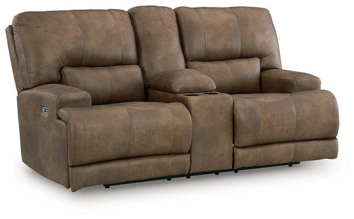 Ashley Furniture Beckley Place power reclining loveseat with console, shown from an angled view with closed recliners and plush fabric seats.