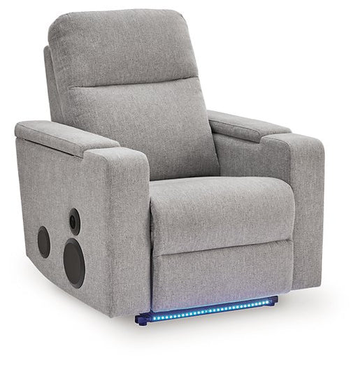 Ashley Furniture Pineland Power Glider Recliner with Audio System, showing plush fabric, reclined position, and built-in audio controls.