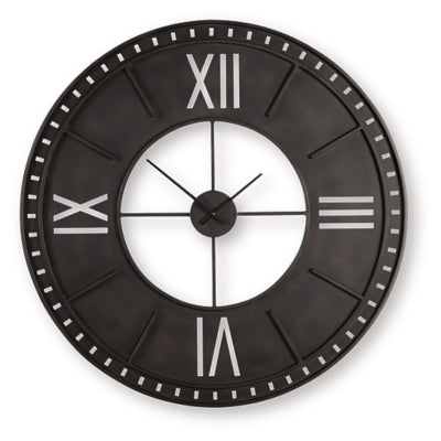 Ashley Furniture Lytle Wall Clock with round face, black numerals, and sleek design hanging on a wall.