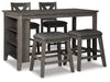 Set of Ashley Furniture Caitbrook counter height dining barstools with wooden seats and metal frames, arranged around a dining table.