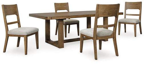 Ashley Furniture Cabalynn dining room set with a wooden table and six upholstered chairs, stylish and modern for the dining area.