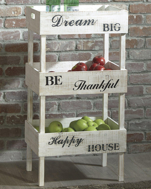 Ashley Furniture Yulton kitchen storage shelf with multiple tiers for organized kitchen or pantry storage.
