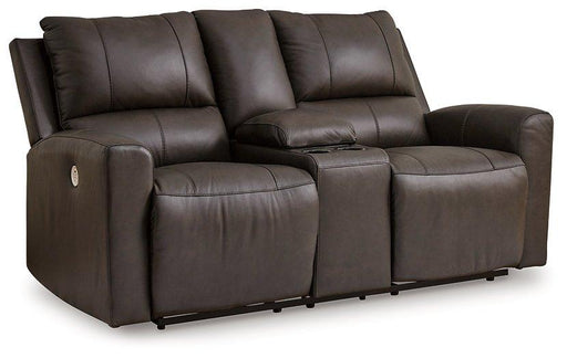 Ashley Furniture Boxmere power reclining loveseat with console, featuring plush fabric, padded armrests, and built-in cup holders.