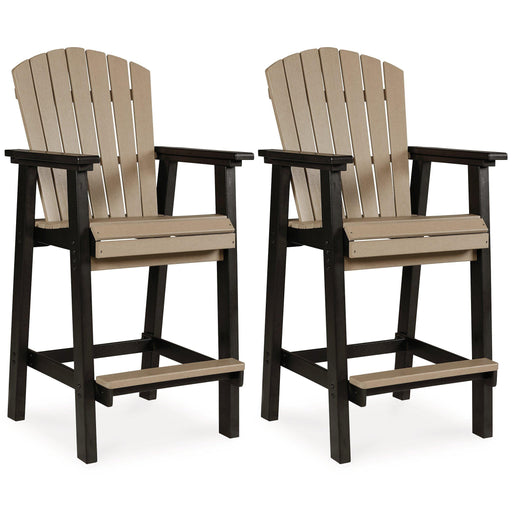 Set of two outdoor Fairen Trail Barstools by Ashley Furniture featuring rustic wood finish and sturdy metal frames.