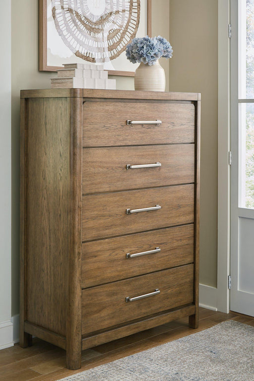 Ashley Furniture Cabalynn chest of drawers showing a wooden storage chest with multiple drawers and sleek design.