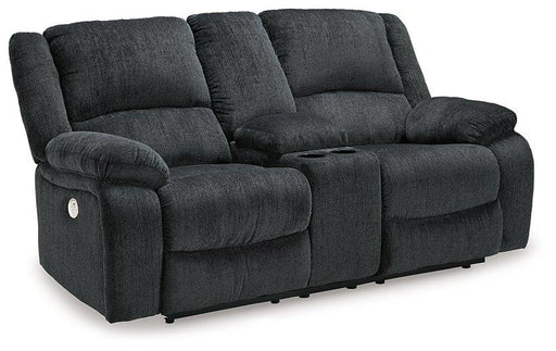 Ashley Furniture Draycoll power reclining loveseat with console, featuring plush upholstery and built-in cup holders.