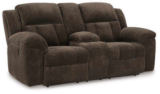 Ashley Furniture Frohn reclining loveseat with built-in console, plush fabric and padded armrests for comfortable seating.