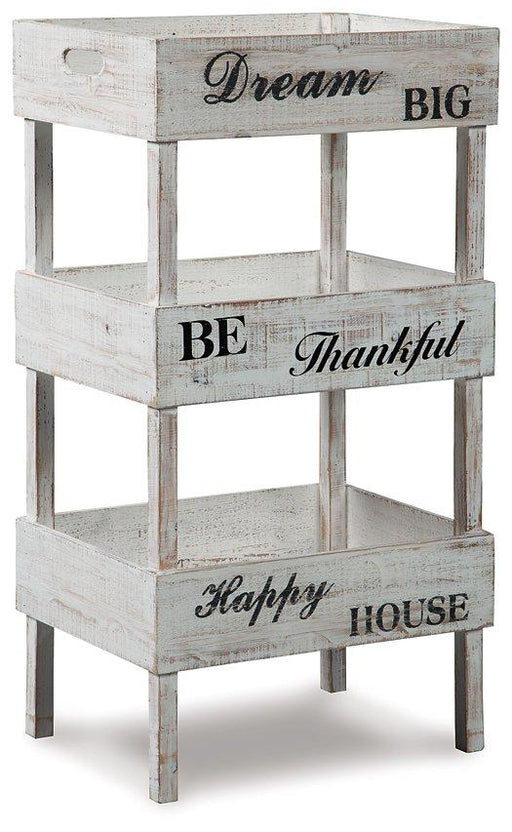 Ashley Furniture Yulton kitchen storage shelf with multiple tiers and open design, ideal for organizing kitchen essentials.