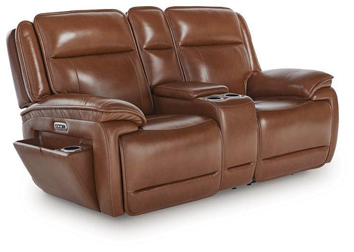 Ashley Furniture Healy Pier Power Reclining Loveseat with Console, plush upholstery, and built-in cup holders for comfortable seating.