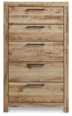 Ashley Furniture Hyanna chest of drawers with sleek wood finish and modern handles, shown from a front head-on view.