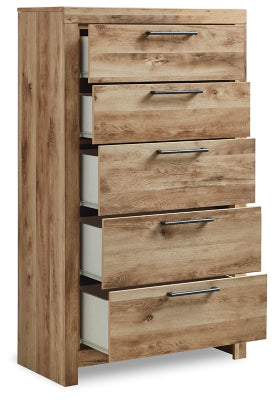 Open-angle view of the Ashley Furniture Hyanna Chest of Drawers showing its wooden finish and multiple storage drawers.