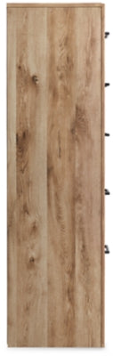 Ashley Furniture Hyanna chest of drawers with a sleek wooden finish and modern design, shown from a side view.