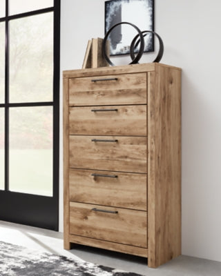 Ashley Furniture Hyanna chest of drawers with a dark wood finish and modern design, featuring multiple drawers for storage.