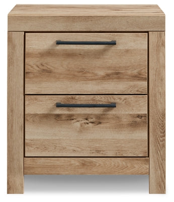 Ashley Furniture Hyanna nightstand with a dark wood finish, featuring a single drawer and open shelf for bedroom storage.