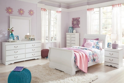 Ashley Furniture Anarasia bedroom set featuring a stylish bed frame, matching nightstands, and a coordinating dresser and mirror.
