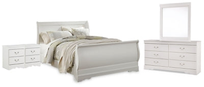 Ashley Furniture Anarasia bedroom set featuring a bed with a wooden headboard, matching nightstands, and a dresser with mirror.