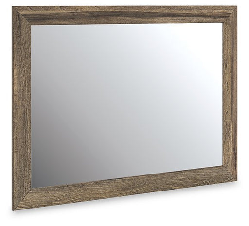 Ashley Furniture Elbrim bedroom mirror, angled view showcasing its sleek wooden frame and contemporary design.