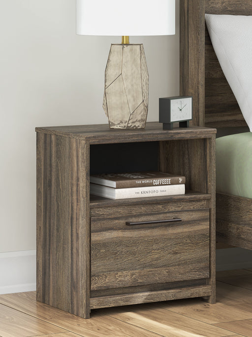 Ashley Furniture Elbrim nightstand with a dark wood finish, featuring a drawer and open shelf for bedside storage.