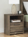 Ashley Furniture Elbrim nightstand with a dark wood finish, featuring a drawer and open shelf for bedside storage.