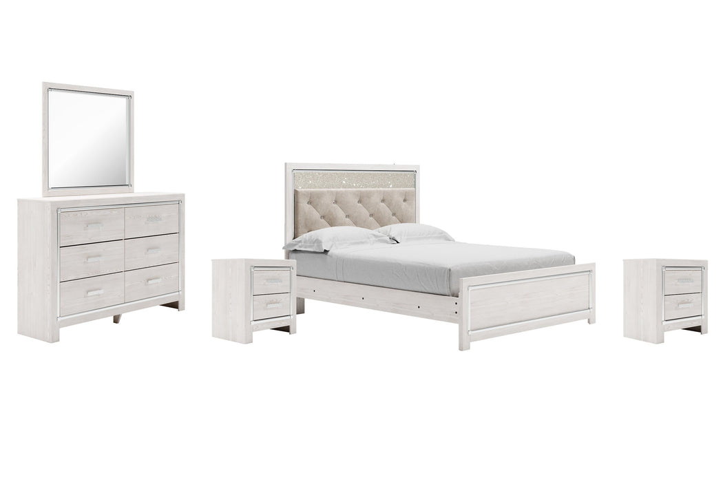 Ashley Furniture Altyra bedroom set with a modern bed frame, nightstands, and matching dresser in a stylish bedroom scene.