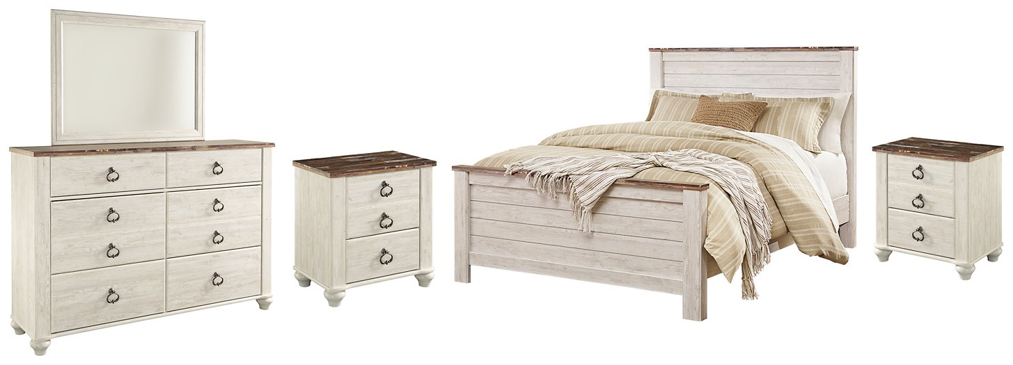 Ashley Furniture Willowton bedroom set with a modern bed frame, matching nightstands, and a coordinated dresser in a stylish bedroom.
