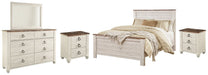 Ashley Furniture Willowton bedroom set with a modern bed frame, matching nightstands, and a coordinated dresser in a stylish bedroom.