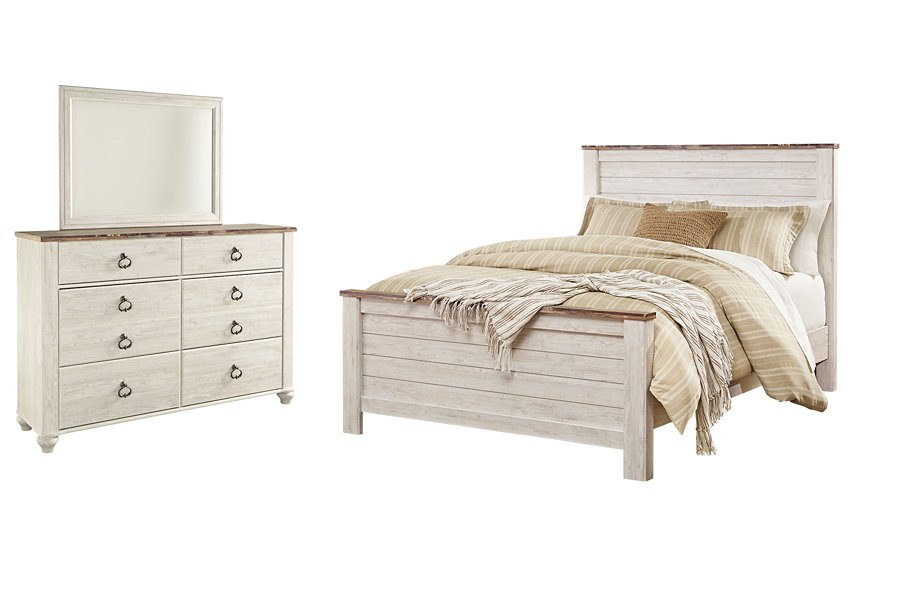 Ashley Furniture Willowton bedroom set with matching bed, dresser, and nightstands in a modern wood finish.