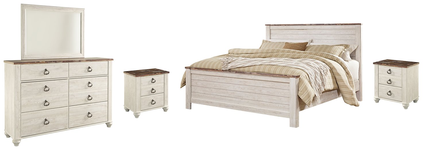 Ashley Furniture Willowton bedroom set with a bed, nightstands, and dresser in a modern bedroom scene.