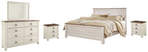 Ashley Furniture Willowton bedroom set with a bed, nightstands, and dresser in a modern bedroom scene.