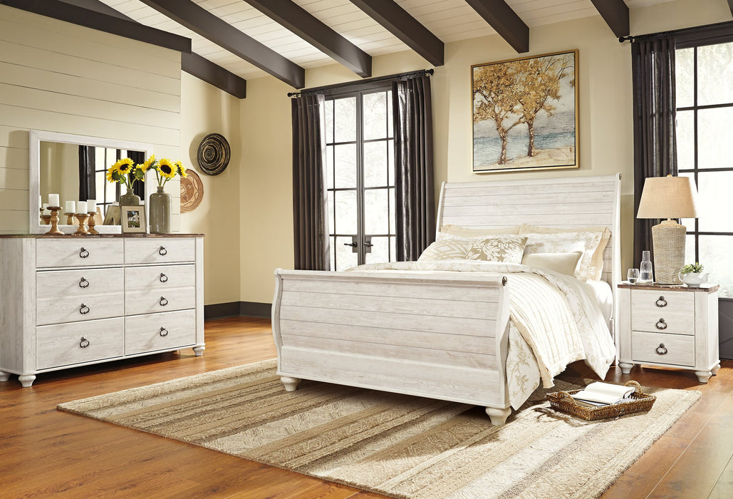 Ashley Furniture Willowton Bedroom Set with matching bed frame, nightstands, and dresser in a modern bedroom setting