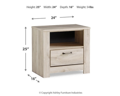 Ashley Furniture Bellaby nightstand with a dark wood finish and modern design, featuring a drawer and open shelf for bedroom storage.