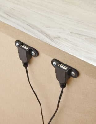 Ashley Furniture Bellaby Nightstand with USB ports, featuring a modern wood finish and two drawers for bedroom storage.