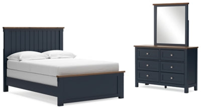 Ashley Furniture Landocken bedroom set featuring a bed frame, nightstands, and dresser in a modern style with neutral finish.