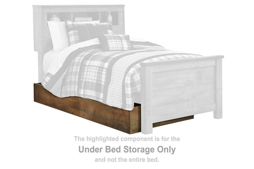 Ashley Furniture Trinell Bed with Storage, modern wood bed frame with built-in storage drawers, in a natural wood finish.