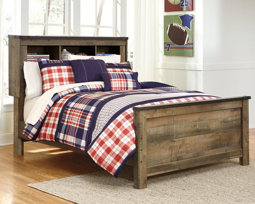 Ashley Furniture Trinell Bookcase Bed with storage drawers and built-in shelves in rustic wood finish.