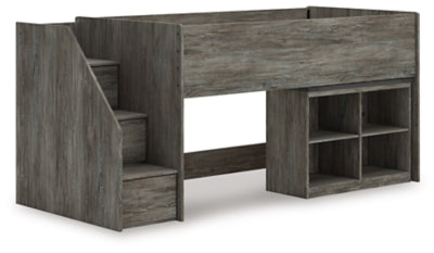 Ashley Furniture Frandern loft bed with integrated bookcase and storage, shown from an angled side view.