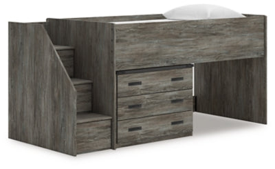 Ashley Furniture Frandern loft bed with drawer storage, showing a sturdy bed frame with integrated storage drawers and angled view.