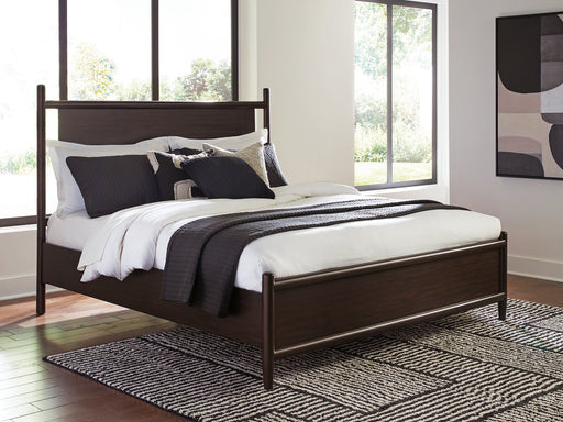 Ashley Furniture Dantenton bed with a dark wood finish, showcasing a sturdy bed frame with a paneled headboard and footboard.