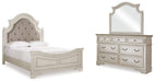 Ashley Furniture Realyn bedroom set featuring a bed frame, nightstands, and dresser with a modern design and neutral finish.