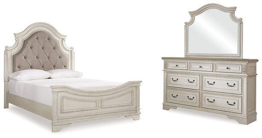 Ashley Furniture Realyn bedroom set featuring a bed frame, nightstands, and dresser with a modern design and neutral finish.