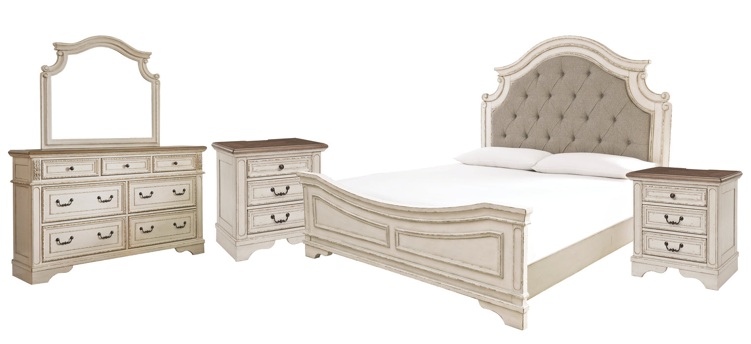 Ashley Furniture Realyn Bedroom Set featuring a modern bed frame, nightstands, and dresser in a stylish bedroom setup.