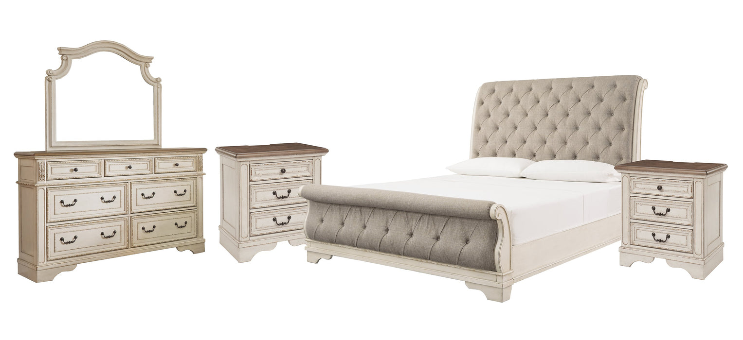 Ashley Furniture Realyn bedroom set with a bed, nightstands, and dresser in a modern, elegant bedroom design.